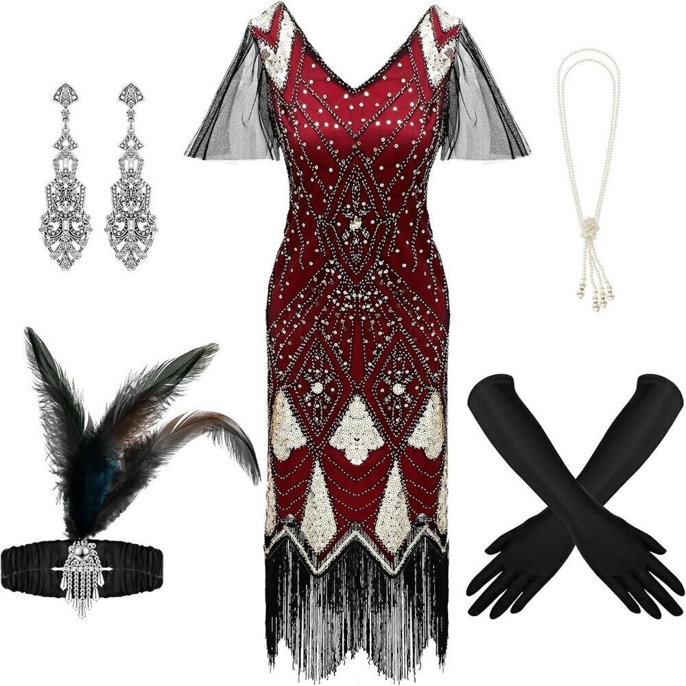 Women Flapper Dress Set 1920s Sequin Fringe Accessories for Vintage Costume